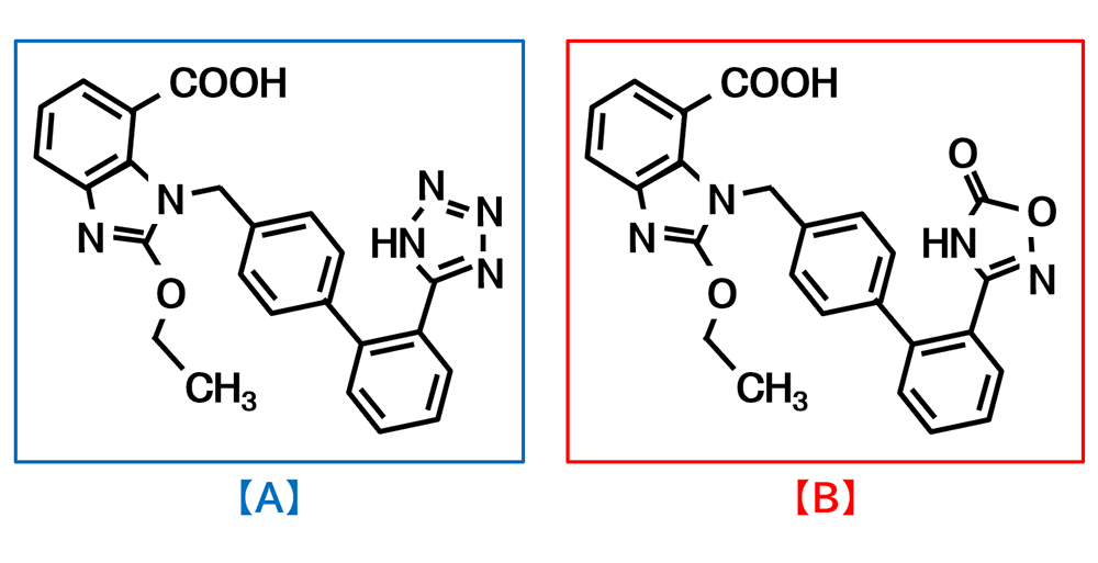 構造式クイズ・「アジルサルタン」と「カンデサルタン」の構造式、見分けられる？の構造式図（筆者作成）の画像