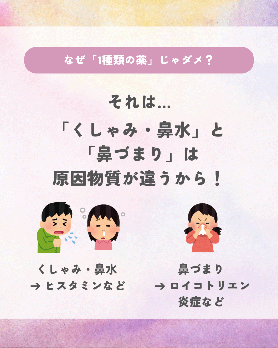 花粉症の薬が1種類じゃダメな理由は、くしゃみ・鼻水・鼻づまりの原因が違うから