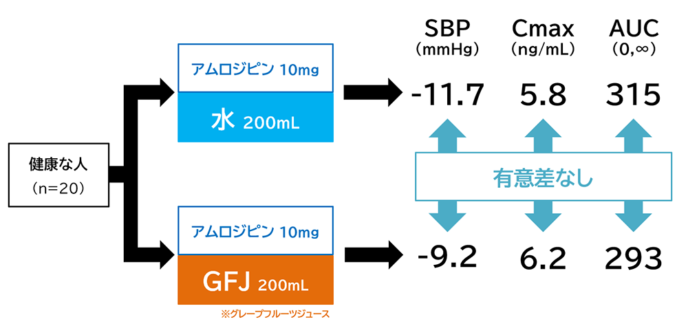 グレープフルーツジュース飲用の場合のアムロジピン作用についての実験解説図／児島悠史作成