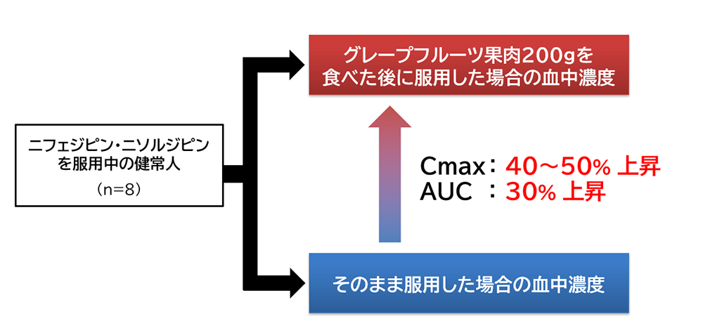グレープフルーツのジュースと果肉をニフェジピン及びニソルジピンと併用した場合の血中濃度変化の検証解説図／児島悠史作成